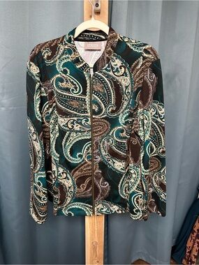 Chico's Teal, Brown & Cream Paisley Zip Jacket